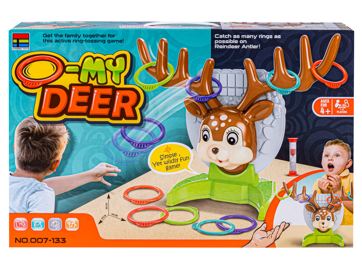 Opakowanie gry zręcznościowej z wizerunkiem jelonka z rogami, na które można rzucać kolorowe obręcze. Widoczny jest tekst: \'O-MY DEER\', \'Simple, Yet Wildly Fun game!\', \'Catch as many rings as possible on Reindeer Antler!\', \'Ages 4+\', \'NO.007-133\'.