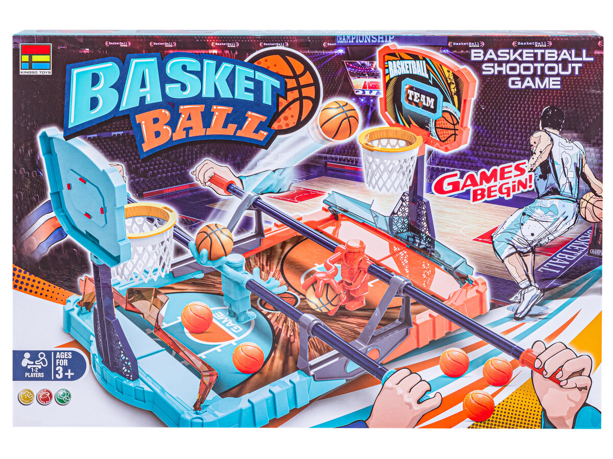 Opakowanie gry zręcznościowej stołowej koszykówki z kolorową grafiką przedstawiającą boisko, kosze i piłki. Widoczny tekst: \'BASKETBALL SHOOTOUT GAME\', \'BASKET BALL\', \'GAMES BEGIN!\', \'AGES FOR 3+\'.