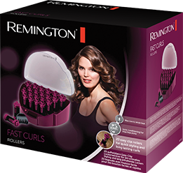 Opakowanie produktu z logo \'REMINGTON\' i napisem \'FAST CURLS ROLLERS\'. Widoczna jest grafika przedstawiająca urządzenie do stylizacji włosów z wałkami oraz zdjęcie kobiety z kręconymi włosami.
