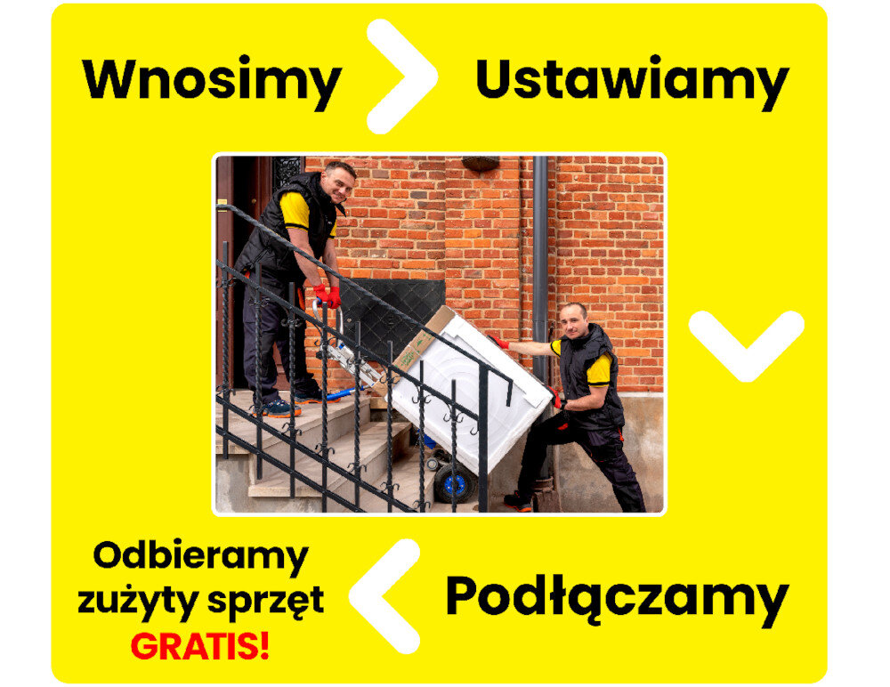 Dwóch mężczyzn wnosi pralkę po schodach na tle ceglanej ściany. Tekst na żółtym tle: \'Wnosimy\', \'Ustawiamy\', \'Odbieramy zużyty sprzęt GRATIS!\', \'Podłączamy\'.