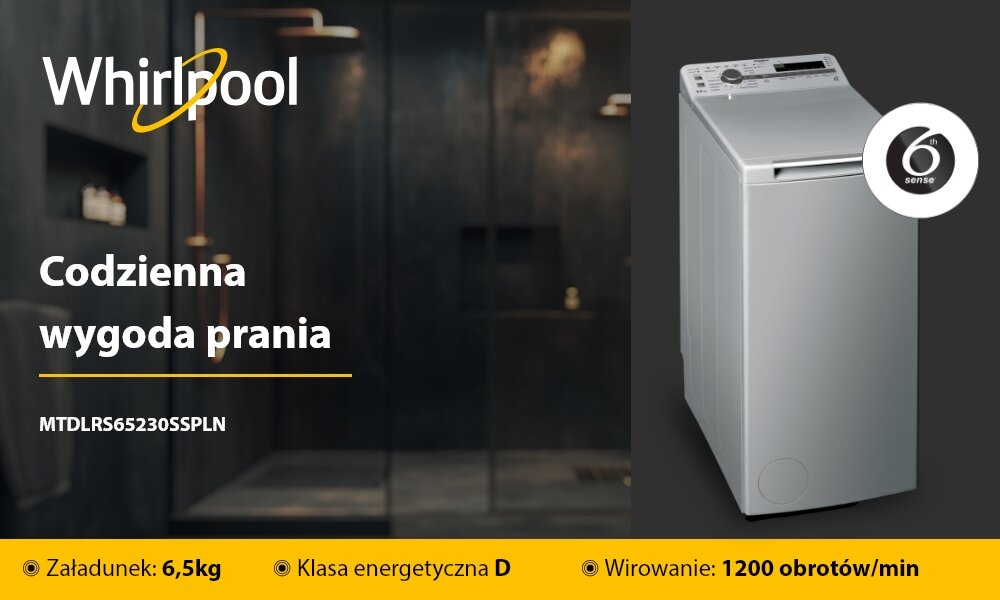 Obraz przedstawia pralkę w kolorze srebrnym z panelem sterowania na górze. Obok znajduje się tekst: \'Whirlpool\', \'Codzienna wygoda prania\', \'MTDLRS65230SSPLN\', \'Załadunek: 6,5kg\', \'Klasa energetyczna D\', \'Wirowanie: 1200 obrotów/min\'.