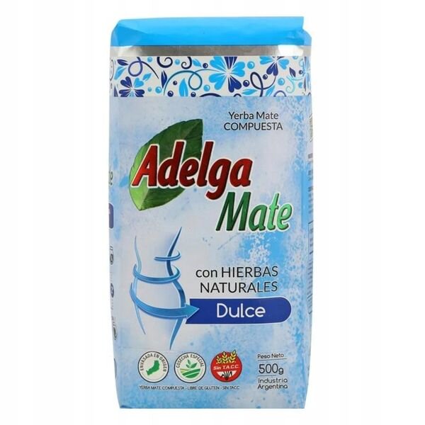 Opakowanie Yerba Mate Adelga Mate Dulce 500g z Argentyny, z niebieskim tłem i wzorem kwiatowym na górze. Widoczny tekst: \'Yerba Mate COMPUESTA\', \'con HIERBAS NATURALES\', \'Dulce\', \'Peso Neto 500g Industria Argentina\'.