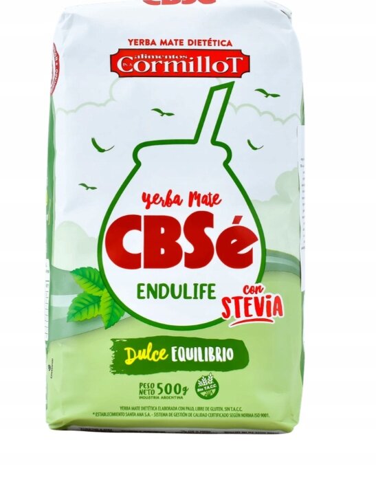 Opakowanie Yerba Mate CBSe Endulife Con Stevia o wadze 500g z widocznym logo \'alimentos cormillot\'.