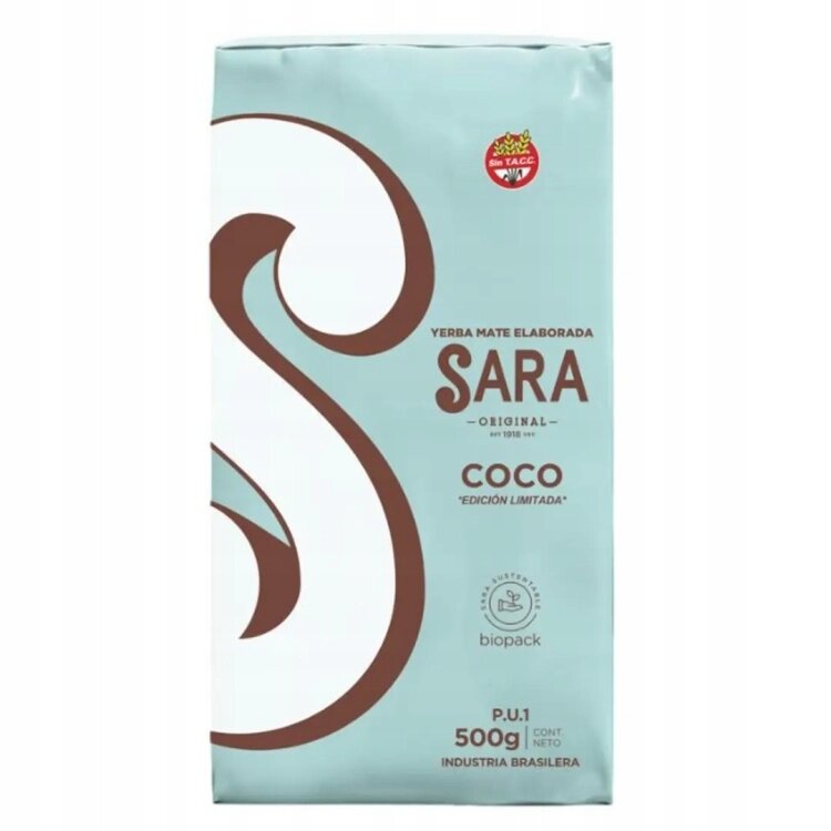 Opakowanie yerba mate w kolorze miętowym z dużą literą \'S\' i napisem \'Yerba Mate Elaborada SARA Original Coco Edición Limitada\'. Na opakowaniu widnieje również informacja \'P.U.1 500g Cont. Neto Industria Brasilera\' oraz logo \'Sin TACC\'.