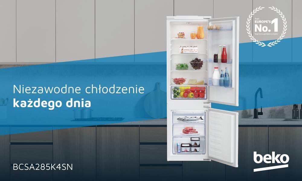 Na obrazie widoczna jest otwarta lodówka z różnymi produktami spożywczymi na półkach. Na niebieskim tle znajduje się tekst: \'Niezawodne chłodzenie każdego dnia\', a w dolnym rogu widnieje logo \'beko\'.