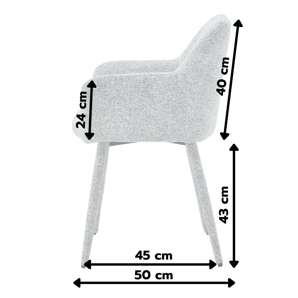 Szare krzesło tapicerowane z podłokietnikami, z widocznymi wymiarami: 24 cm, 40 cm, 43 cm, 45 cm, 50 cm.