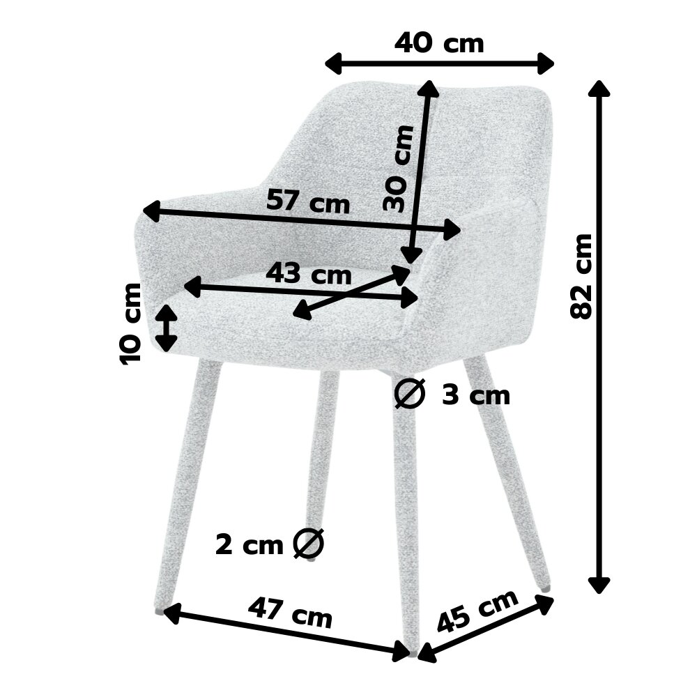 Obraz przedstawia szare krzesło tapicerowane z podłokietnikami, z wymiarami: wysokość 82 cm, szerokość siedziska 57 cm, głębokość siedziska 43 cm, wysokość oparcia 30 cm, średnica nóg 3 cm, rozstaw nóg 47 cm na 45 cm, wysokość podłokietników 10 cm.