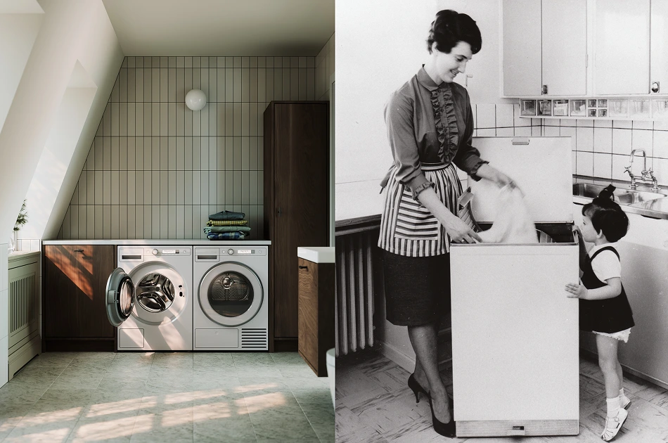 Po lewej stronie nowoczesna pralnia z pralką i suszarką w zabudowie, po prawej czarno-białe zdjęcie kobiety i dziecka przy pralce w stylu retro.