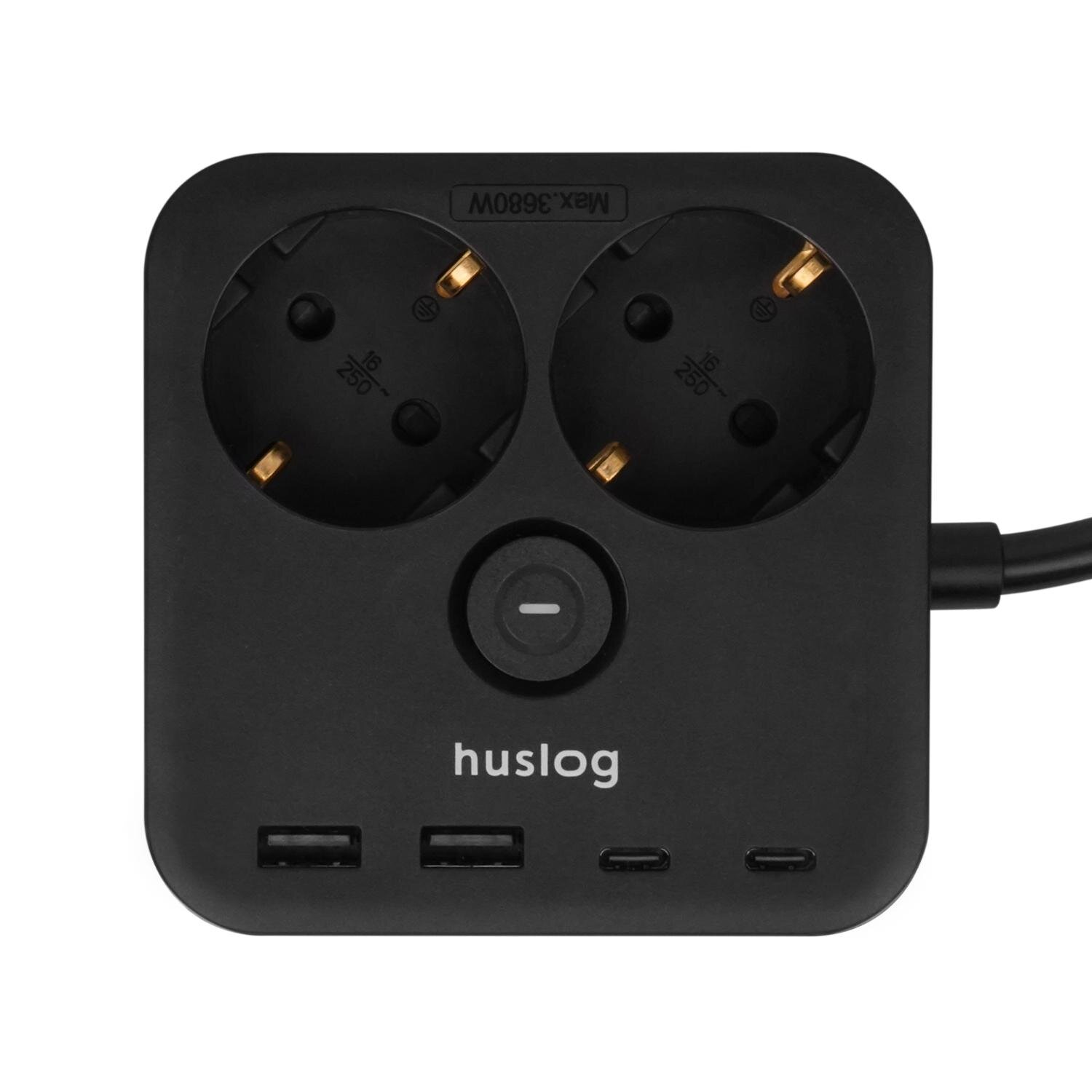 Czarny przedłużacz z dwoma gniazdami elektrycznymi, przyciskiem z symbolem minus oraz trzema portami USB. Widoczny jest napis \'huslog\'.