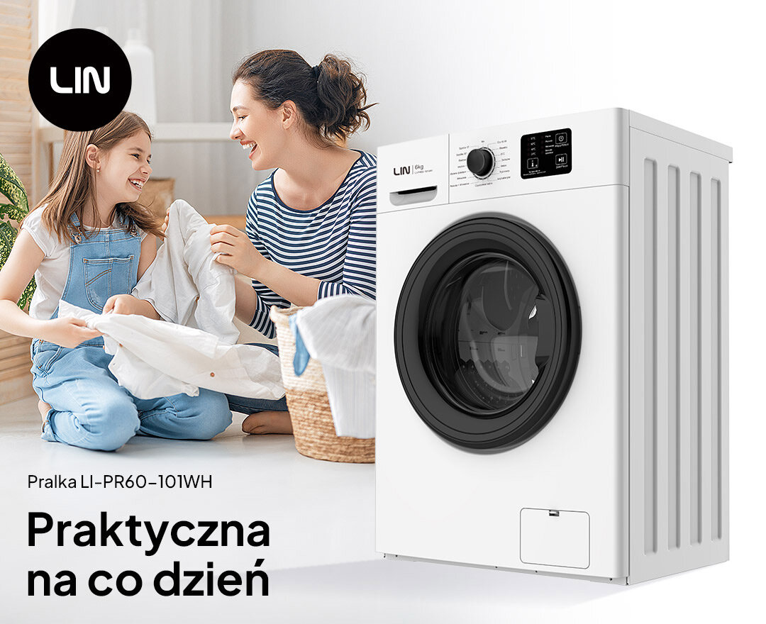 Obraz przedstawia pralkę LIN LI-PR60-101WH z widocznym panelem sterowania i bębnem. Na zdjęciu znajdują się również dwie osoby, które rozmawiają i trzymają pranie, a w tle widoczne jest logo LIN oraz tekst: \'Pralka LI-PR60-101WH Praktyczna na co dzień\'.