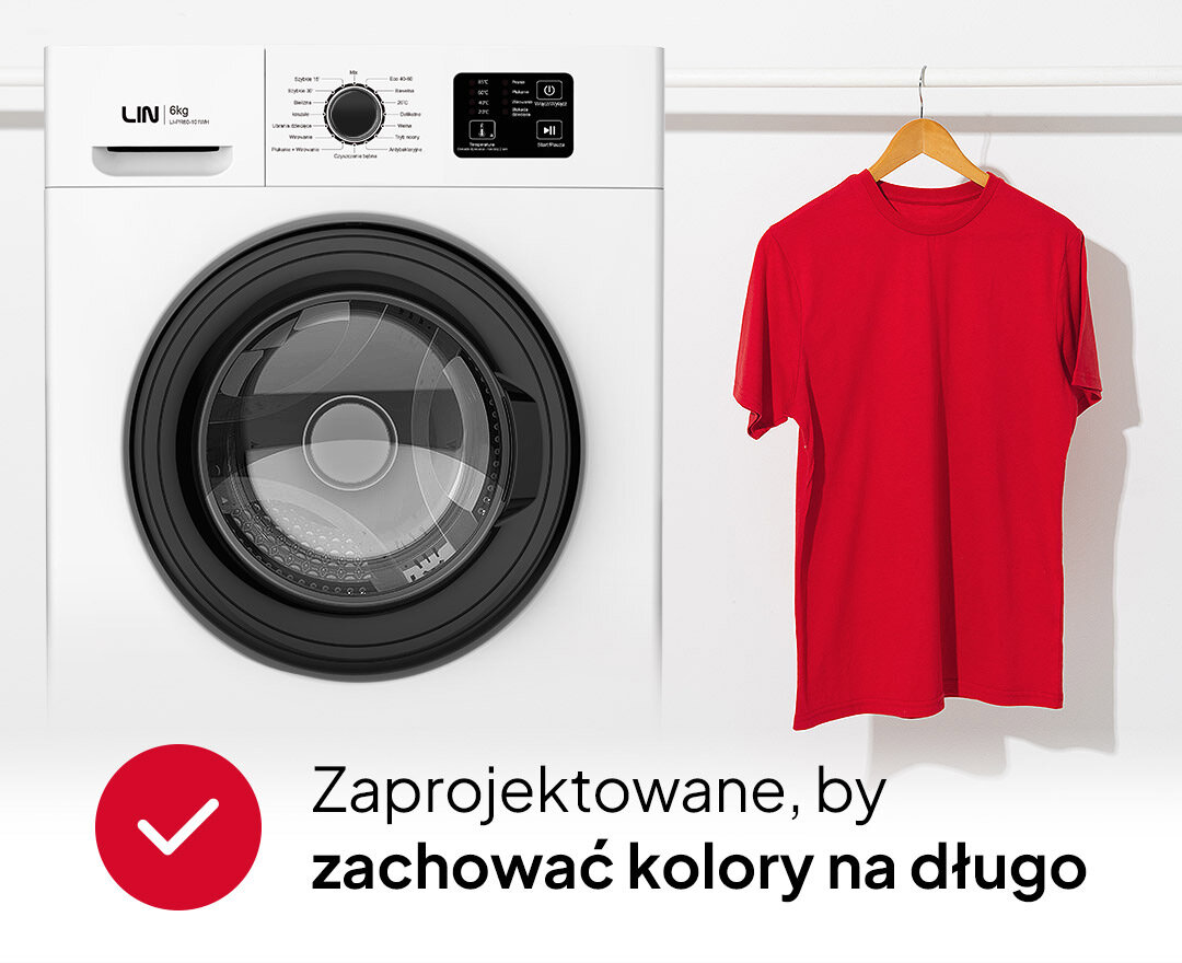 Na obrazie widoczna jest pralka z logo LIN 6kg oraz czerwony t-shirt na wieszaku. Na dole znajduje się tekst: \'Zaprojektowane, by zachować kolory na długo\'.