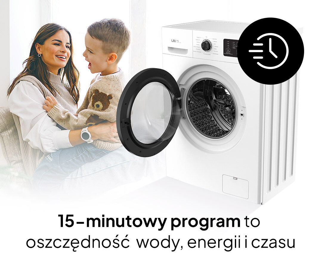 Obraz przedstawia pralkę LIN LI-PR60-101WH z otwartymi drzwiczkami. Na dole widoczny jest tekst: \'15-minutowy program to oszczędność wody, energii i czasu\'.