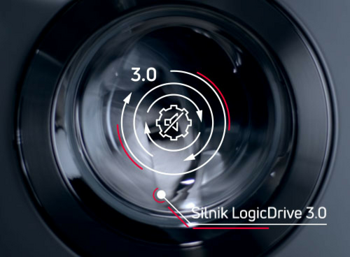 Obraz przedstawia bęben pralki z widocznymi oznaczeniami graficznymi i tekstem \'3.0\' oraz \'Silnik LogicDrive 3.0\'.