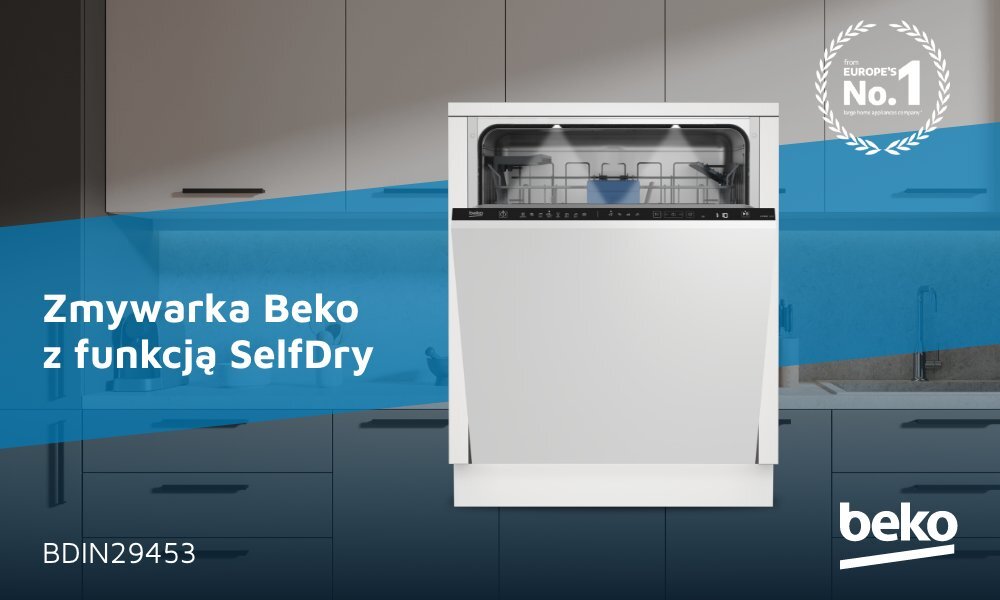 Zmywarka Beko z funkcją SelfDry jest umieszczona na tle kuchni, z widocznym napisem \'BDIN29453\'. Logo \'beko\' znajduje się w prawym dolnym rogu, a w prawym górnym rogu widnieje napis \'Europe\'s No. 1\'.