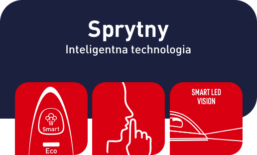 Obraz przedstawia trzy czerwone ikony na ciemnym tle z napisami: \'Sprytny Inteligentna technologia\'. Ikony zawierają symbole: \'Smart Eco\', postać z palcem na ustach oraz \'SMART LED VISION\'.