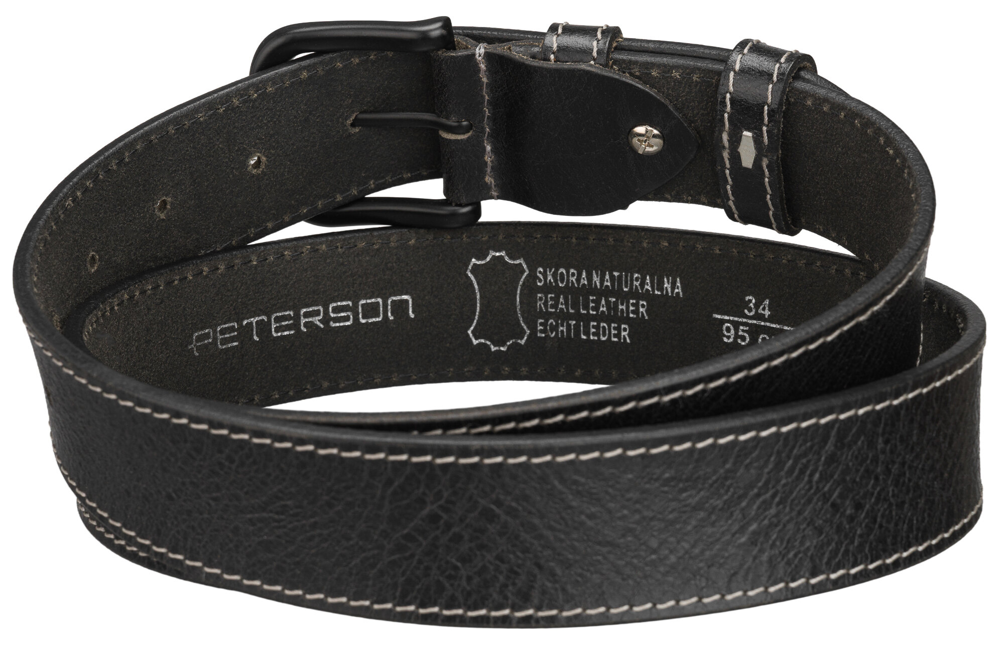 Czarny skórzany pasek z klasyczną klamrą, z widocznym napisem \'PETERSON\' oraz oznaczeniami \'SKÓRANATURALNA\', \'REAL LEATHER\', \'ECHT LEDER\'.
