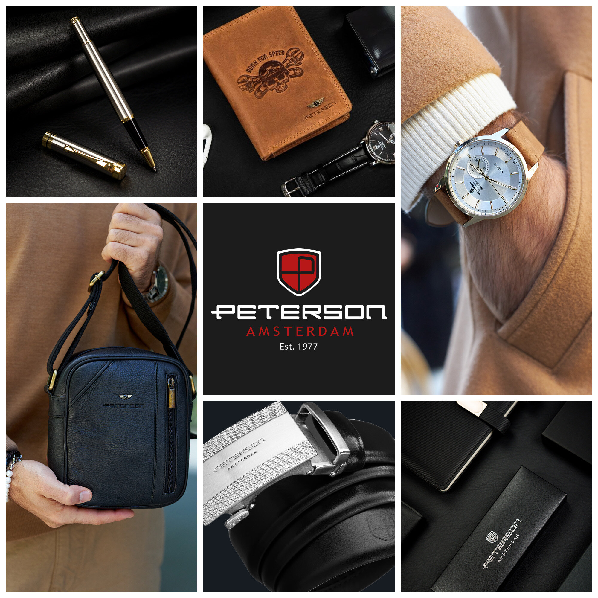 Kolaż przedstawiający różne produkty marki Peterson, w tym pióro, portfel z napisem \'Built for Speed\', zegarek na ręce, torbę na ramię oraz klamrę paska z logo Peterson. Centralnie umieszczone logo \'Peterson Amsterdam Est. 1977\'.