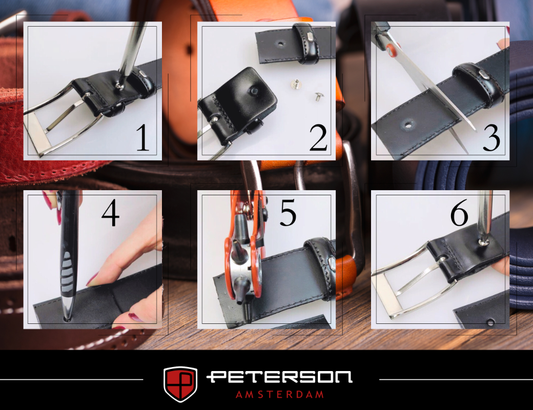 Obraz przedstawia sześć kroków montażu skórzanego paska z klasyczną klamrą. Na dole widoczne jest logo \'PETERSON AMSTERDAM\'.