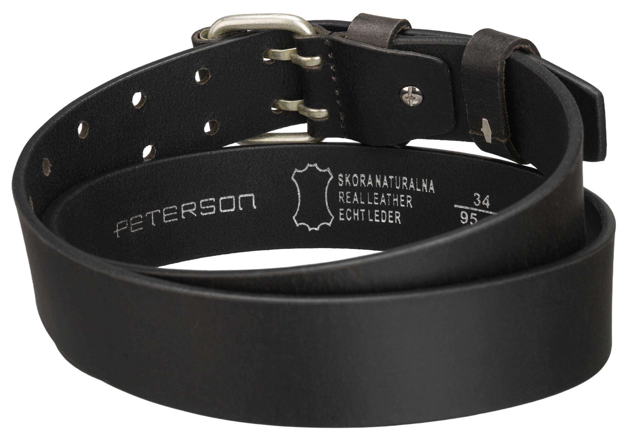 Czarny skórzany pasek z klasyczną podwójną klamrą. Na wewnętrznej stronie widoczny jest napis: \'PETERSON SKÓRA NATURALNA REAL LEATHER ECHT LEDER 34 95\'.