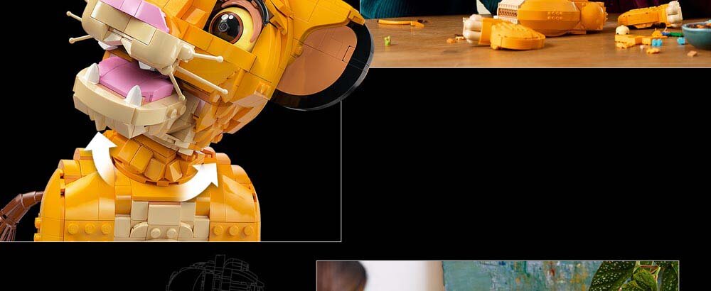 Na obrazie widoczny jest model LEGO przedstawiający młodego Simbę z filmu Król Lew, zbudowany z klocków w odcieniach żółci i brązu. W tle znajdują się rozłożone klocki na stole.