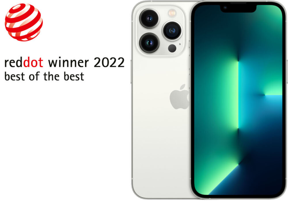 Na obrazie widoczny jest srebrny smartfon z trzema aparatami z tyłu oraz ekranem wyświetlającym abstrakcyjny wzór. Obok znajduje się logo z napisem \'reddot winner 2022 best of the best\'.