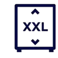Ikona przedstawia symbol prostokąta z napisem \'XXL\' w środku, w kolorze ciemnoniebieskim.