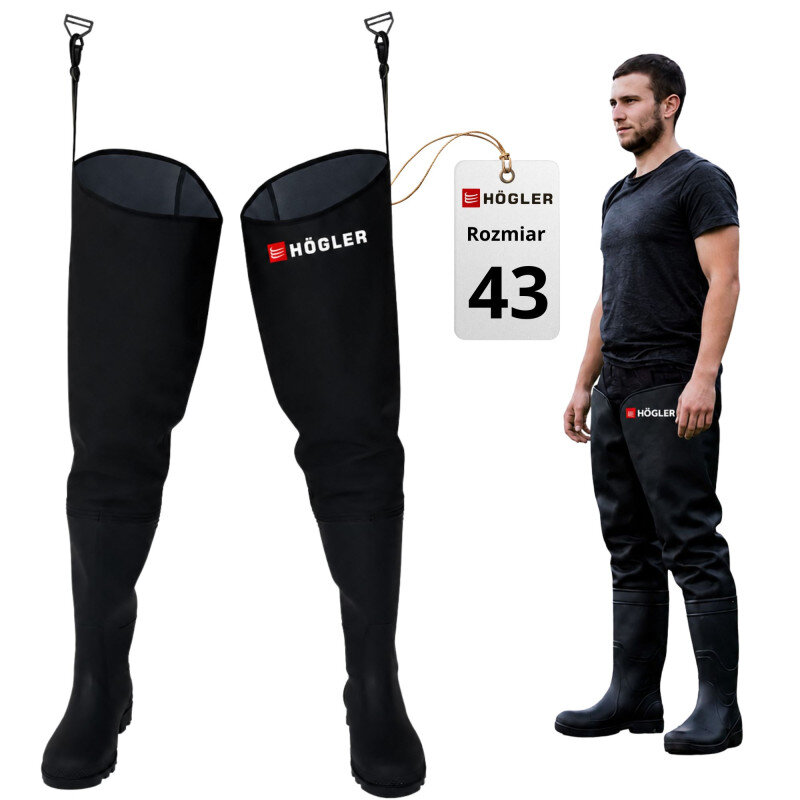 Na obrazie widoczne są czarne wodery z logo \'HÖGLER\' oraz mężczyzna ubrany w te same wodery. Obok znajduje się etykieta z napisem \'HÖGLER Rozmiar 43\'.