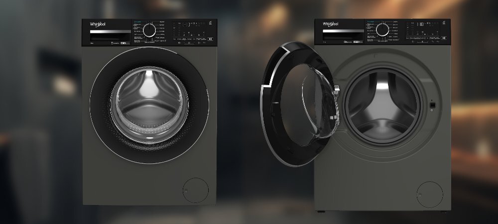 Na obrazie widoczne są dwie pralki w ciemnym kolorze, jedna z zamkniętymi, a druga z otwartymi drzwiami. Na panelu sterowania widnieje logo \'Whirlpool\'.