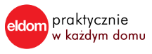 Logo z czerwonym okręgiem i białym napisem \'eldom\', obok czarny tekst \'w każdym domu\'.
