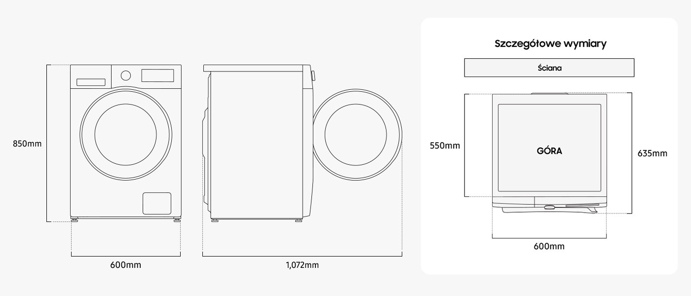 Wymiary pralki EcoBubble AI Energy marki Samsung Schemat pralki z wymiarami: wysokość 850mm, szerokość 600mm, głębokość 1072mm. Dodatkowy rysunek pokazuje szczegółowe wymiary z napisem \'GÓRA\' i odległością od ściany 550mm oraz głębokością 635mm.