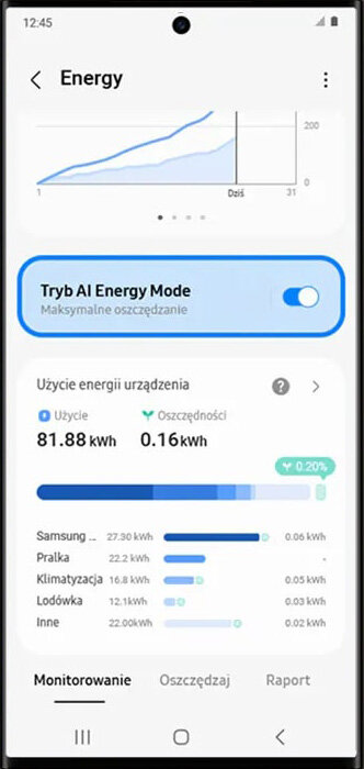Krok 3 w aplikacji SmartThings Ekran aplikacji pokazujący wykres zużycia energii oraz opcję \'Tryb AI Energy Mode\' z włączonym maksymalnym oszczędzaniem. Widoczne są dane dotyczące zużycia energii przez różne urządzenia, w tym pralkę, z wartościami w kWh.
