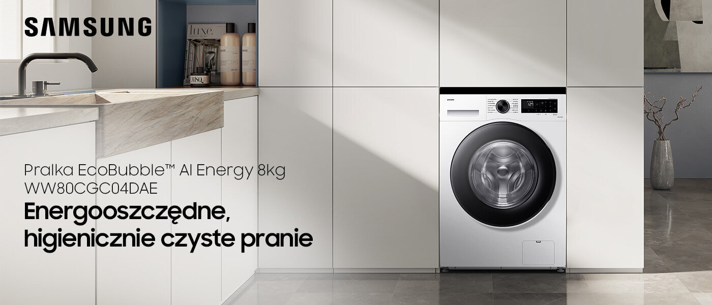 Biała pralka EcoBubble AI Energy marki Samsung wbudowana w szafki Obraz przedstawia pralkę w zabudowie kuchennej z widocznym logo SAMSUNG. Na obrazie znajduje się tekst: \'Pralka EcoBubble™ AI Energy 8kg WW80CGC04DAE Energooszczędne, higienicznie czyste pranie\'.