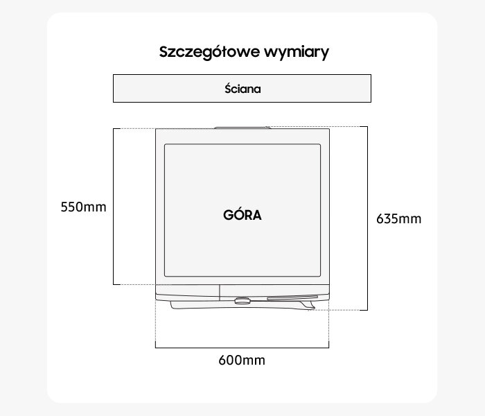 phpos9rlz ww80cgc04dae mobile rozmiar 1 700x600 Schemat przedstawia szczegółowe wymiary pralki z oznaczeniami: 550mm, 600mm, 635mm oraz napisem \'GÓRA\'. Nad schematem znajduje się napis \'Szczegółowe wymiary\' i \'Ściana\'.