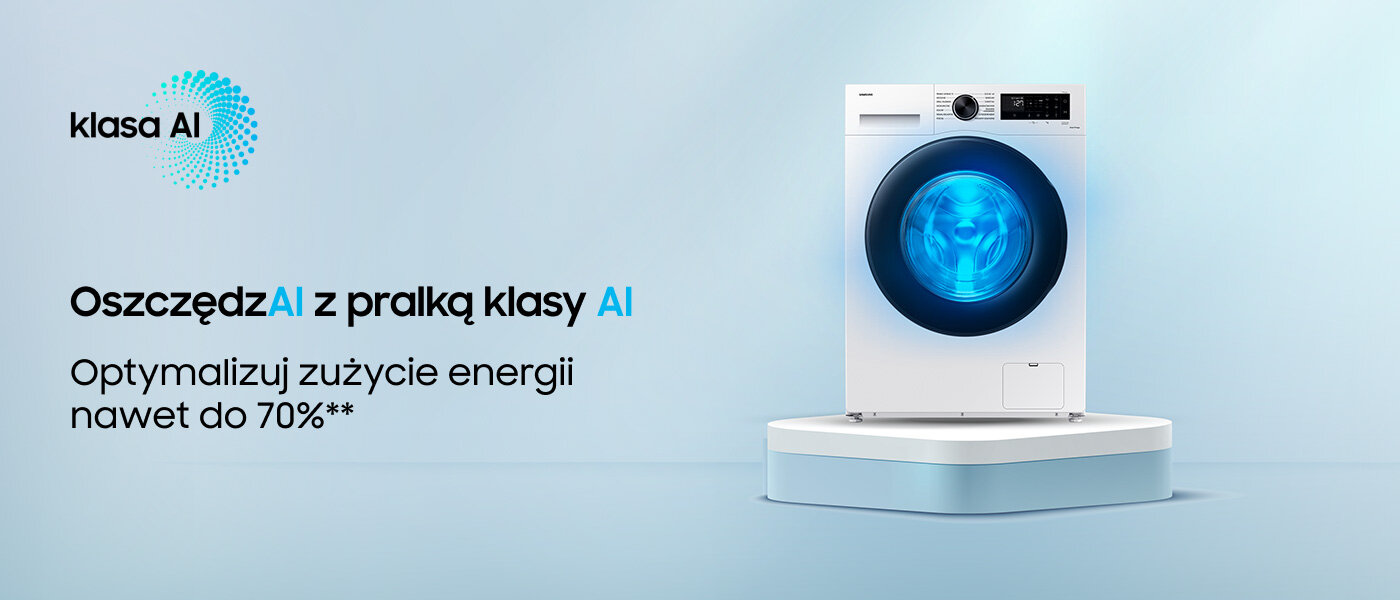 ww80cgc04daeeo Obraz przedstawia pralkę z niebieskim bębnem na podium. Tekst na obrazie: \'klasa AI\', \'OszczędzAI z pralką klasy AI\', \'Optymalizuj zużycie energii nawet do 70%**\'.