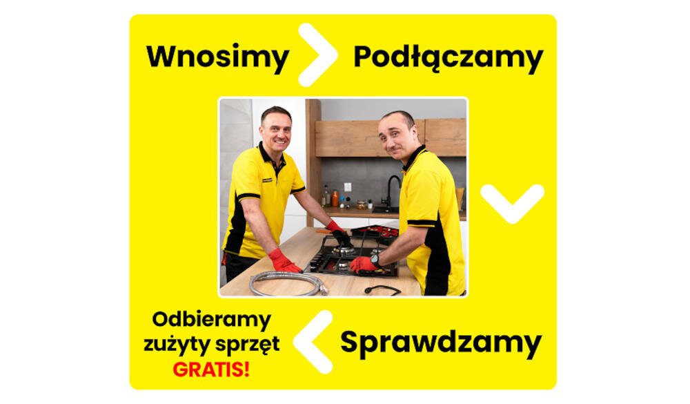 Dwóch mężczyzn w żółtych koszulkach montuje sprzęt kuchenny na blacie. Na żółtym tle wokół zdjęcia widnieją napisy: \'Wnosimy\', \'Podłączamy\', \'Odbieramy zużyty sprzęt GRATIS!\', \'Sprawdzamy\'.