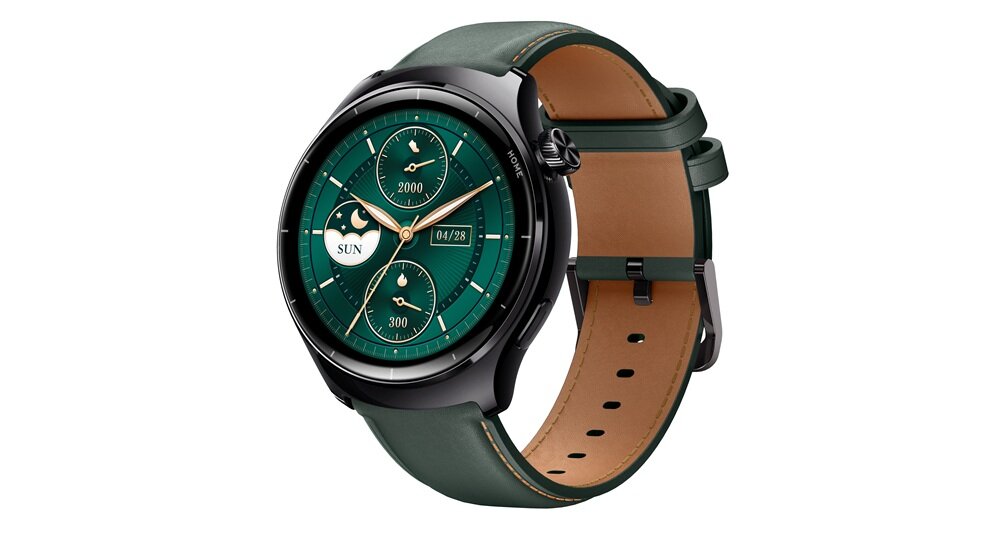 Zielony smartwatch z okrągłą tarczą, na której widoczne są trzy mniejsze tarcze oraz data \'04/28\'. Pasek zegarka jest zielony z brązowym wnętrzem.