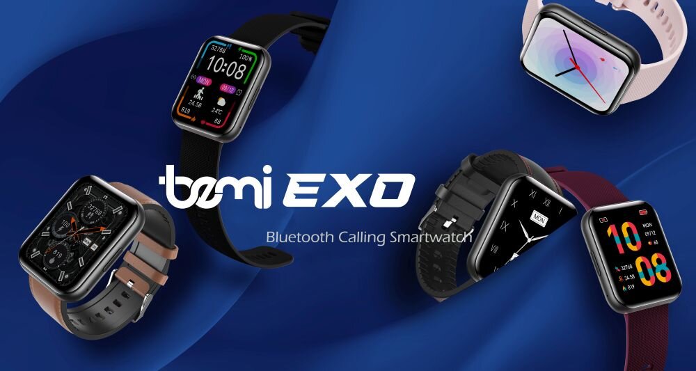 Obraz przedstawia kilka smartwatchy z różnymi tarczami na niebieskim tle. Widoczny jest tekst: \'bemi EXO Bluetooth Calling Smartwatch\'.