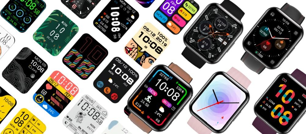 Obraz przedstawia różne tarcze smartwatchy z kolorowymi i zróżnicowanymi wzorami oraz wyświetlanymi informacjami, takimi jak data, godzina i poziom naładowania baterii. Niektóre tarcze mają klasyczny wygląd z analogowymi wskazówkami, inne są bardziej nowoczesne z cyfrowymi elementami.