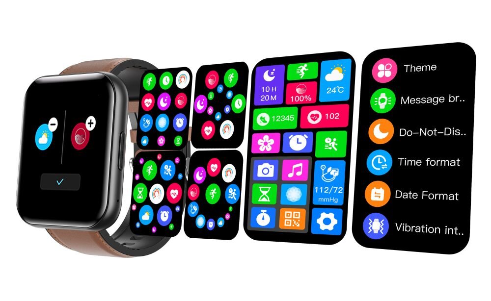 Obraz przedstawia smartwatch z wyświetlonymi różnymi ekranami aplikacji, w tym ikonami zdrowia, pogody, wiadomości i ustawień. Na jednym z ekranów widoczne są opcje: Theme, Message br..., Do-Not-Dis..., Time format, Date Format, Vibration int...