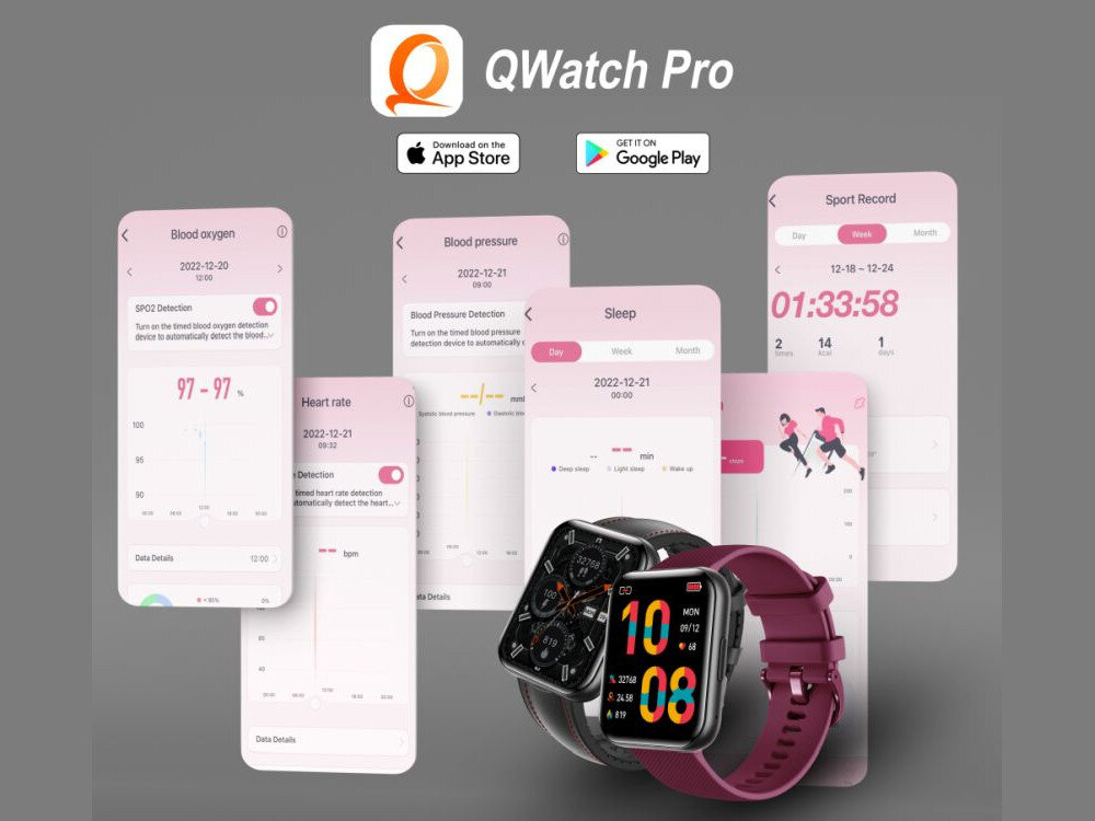 Obraz przedstawia aplikację QWatch Pro z różnymi ekranami dotyczącymi zdrowia, takimi jak Blood oxygen, Blood pressure, Sleep, Heart rate i Sport Record. Na dole widoczny jest smartwatch z kolorowym wyświetlaczem i bordowym paskiem.
