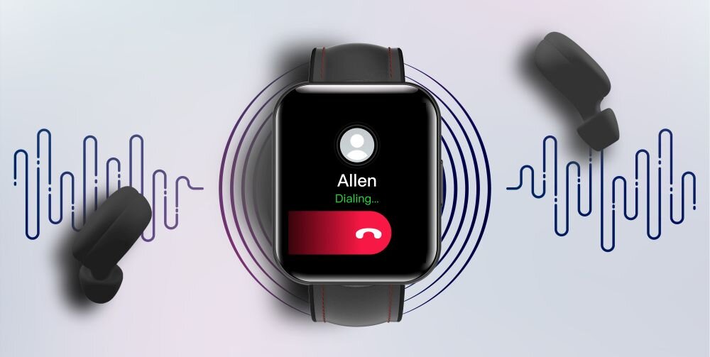 Na obrazie widoczny jest czarny smartwatch z wyświetlaczem pokazującym połączenie przychodzące od \'Allen\'. Obok zegarka znajdują się dwa czarne słuchawki bezprzewodowe oraz graficzne przedstawienie fal dźwiękowych.