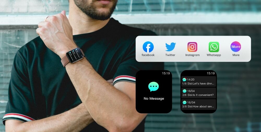 Osoba nosi czarny smartwatch z wyświetlaczem pokazującym brak wiadomości. Obok widoczne są ikony aplikacji społecznościowych: Facebook, Twitter, Instagram, WhatsApp i More.