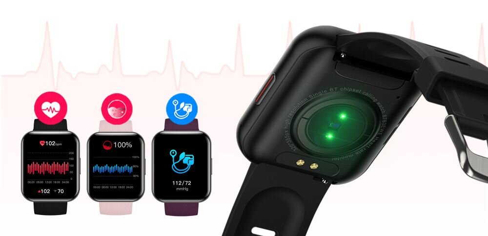 Obraz przedstawia czarny smartwatch z zielonym światłem na spodzie oraz trzy inne smartwatche z kolorowymi wyświetlaczami pokazującymi różne dane zdrowotne, takie jak tętno i ciśnienie krwi.
