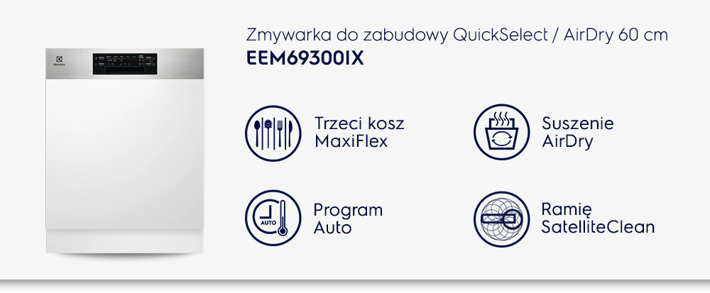 Obraz przedstawia zmywarkę do zabudowy z panelem sterowania na górze. Obok znajdują się ikony z opisami: \'Trzeci kosz MaxiFlex\', \'Program Auto\', \'Suszenie AirDry\', \'Ramię SatelliteClean\'.