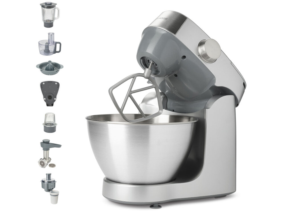 Robot kuchenny planetarny w kolorze srebrnym z misą ze stali nierdzewnej i różnymi akcesoriami, w tym blenderem kielichowym i maszynką do mięsa. Widoczne logo: Kenwood.