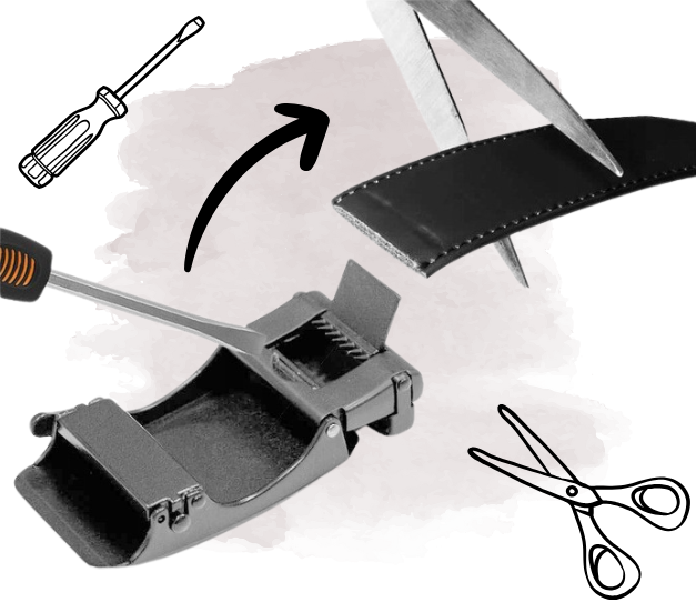 Obraz przedstawia czarny pasek skórzany z klamrą automatyczną oraz nożyczki i śrubokręt. Widoczna jest również strzałka wskazująca na pasek, sugerująca możliwość regulacji długości.
