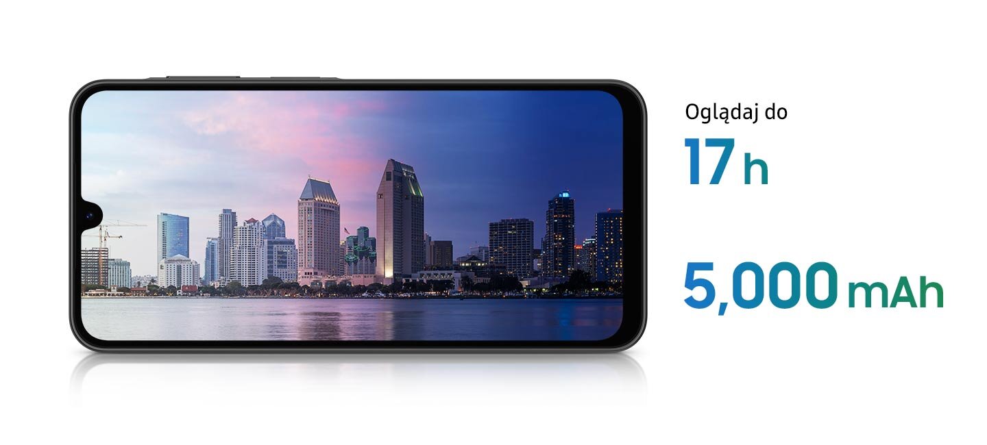Obraz przedstawia smartfon z wyświetlaczem pokazującym panoramę miasta o zmierzchu. Obok widnieje tekst: \'Oglądaj do 17 h 5,000 mAh\'.