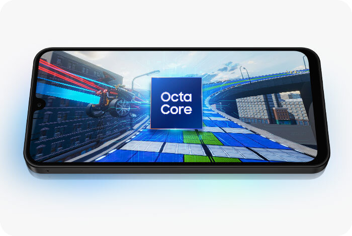 Smartfon wyświetla dynamiczną grafikę z napisem \'Octa Core\' na ekranie, przedstawiającą futurystyczną trasę z motocyklem. Obraz sugeruje wydajność procesora urządzenia.