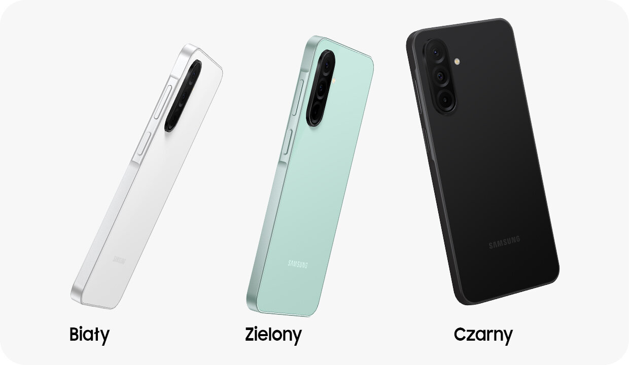 Obraz przedstawia trzy smartfony w różnych kolorach: biały, zielony i czarny. Pod każdym z nich znajduje się odpowiedni podpis: \'Biały\', \'Zielony\', \'Czarny\'.