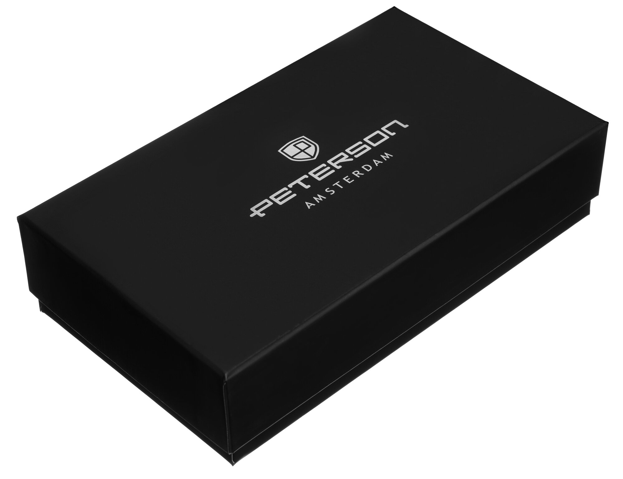 Czarne pudełko z logo \'PETERSON AMSTERDAM\' na wierzchu.